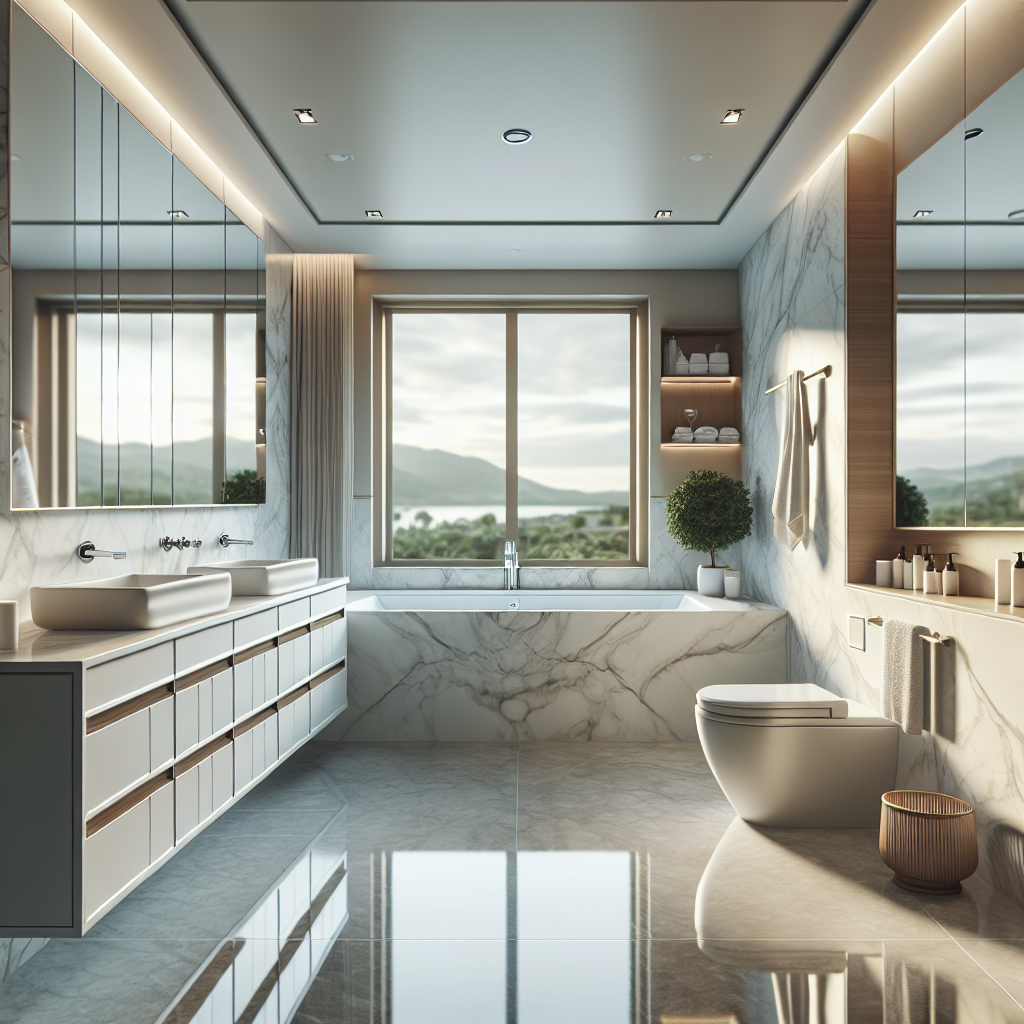 Alternative text: A newly remodeled master bathroom showcasing modern and contemporary design elements.