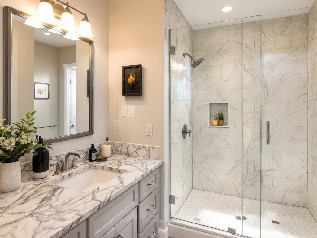Alt Text: Newly remodeled bathroom featuring a modern, contemporary design in Natick, MA by trusted general contractors