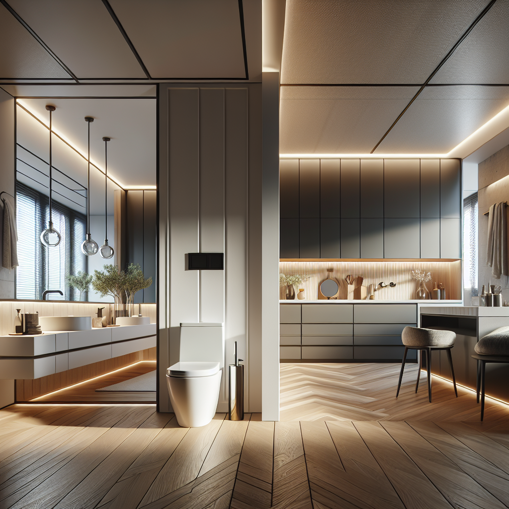 A before-and-after display of a tailored kitchen and bathroom remodel.