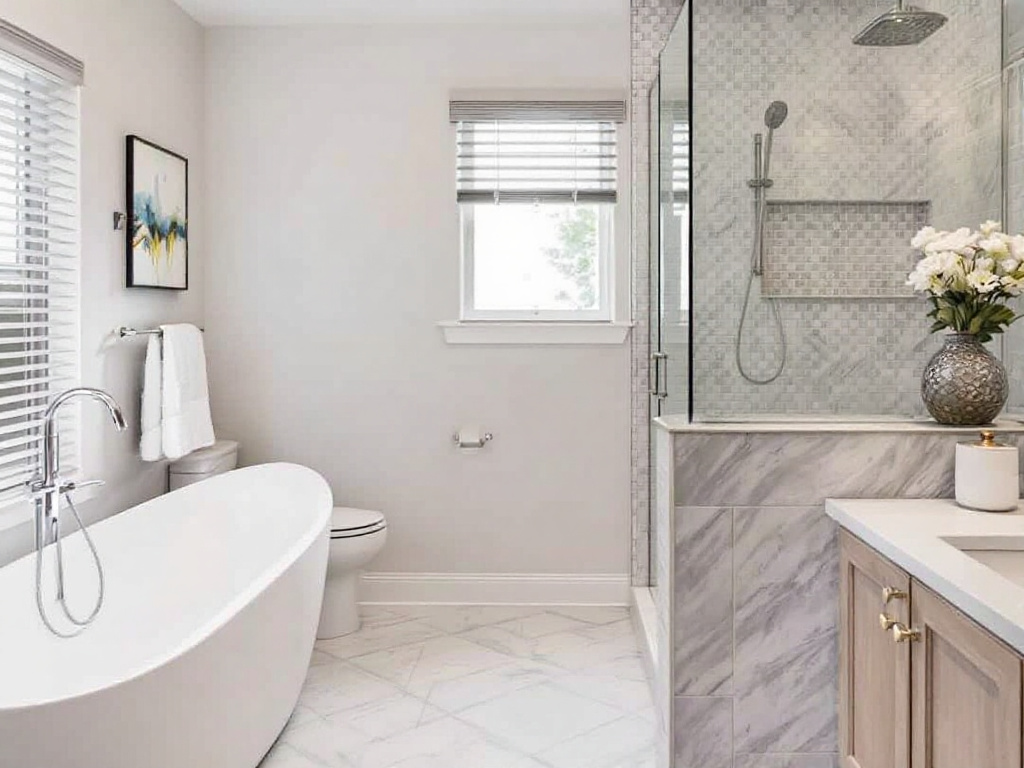 Experienced tile flooring installers working on a modern, contemporary bathroom makeover in Waltham, MA.