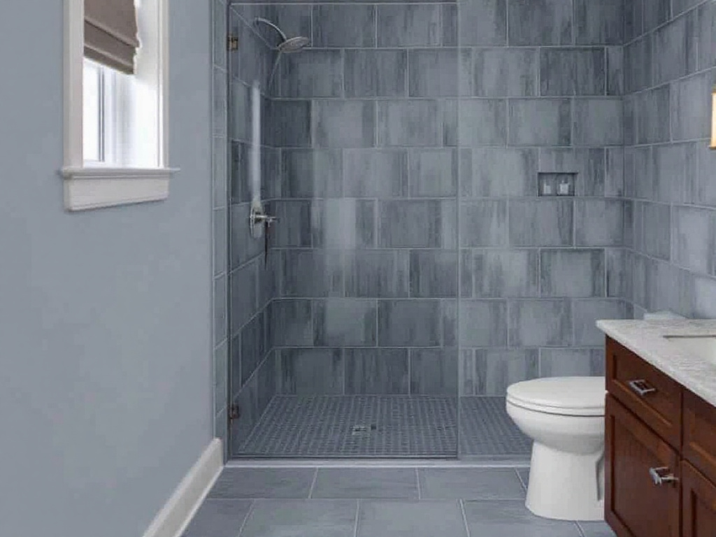 A modern, newly remodeled bathroom in Dover, MA showcasing impeccable tile work by top-rated local installers.
