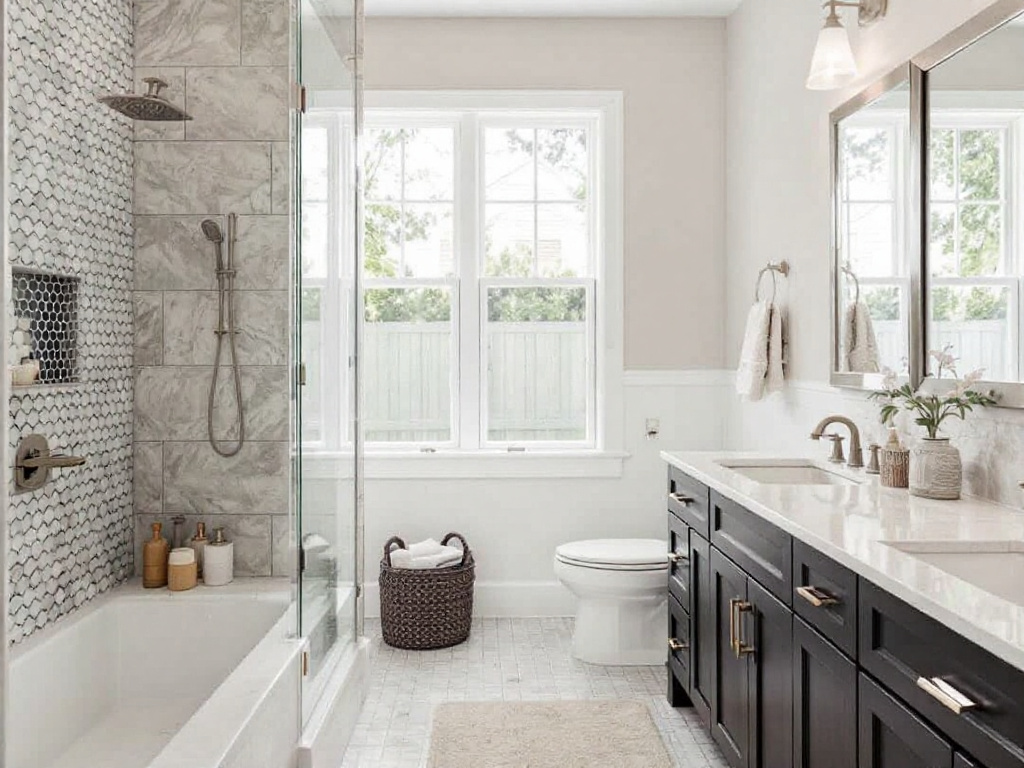 'Professional tile installers undertaking a bathroom remodeling project with modern design in Welley, MA.'