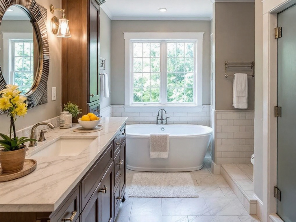 Professional tile installers working on a bathroom remodeling project in Welley, MA.