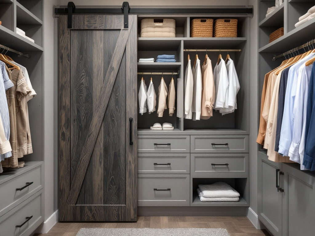 View of a superbly designed modern custom closet with barn door and walk-in feature.