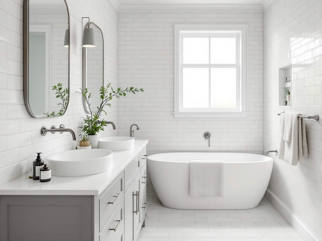 Modern, up-to-date remodeled bathroom with blending tile pattern and paint - personal oasis transformation.