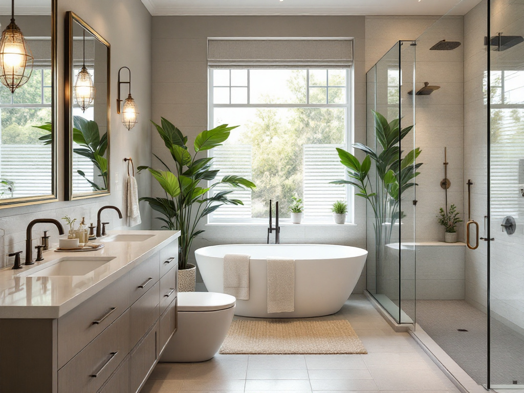A shot of an elegantly designed modern bathroom with contemporary features.