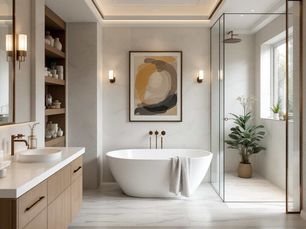A luxurious modern bathroom features high-end fixtures, a floating vanity, and elegant lighting.