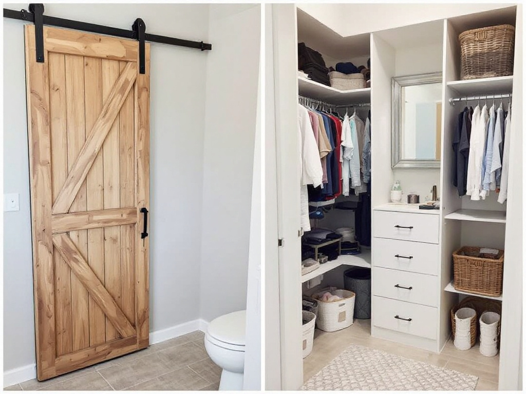 View of a custom closet upgrade featuring a barn door and walk-in feature in a modern and contemporary design.