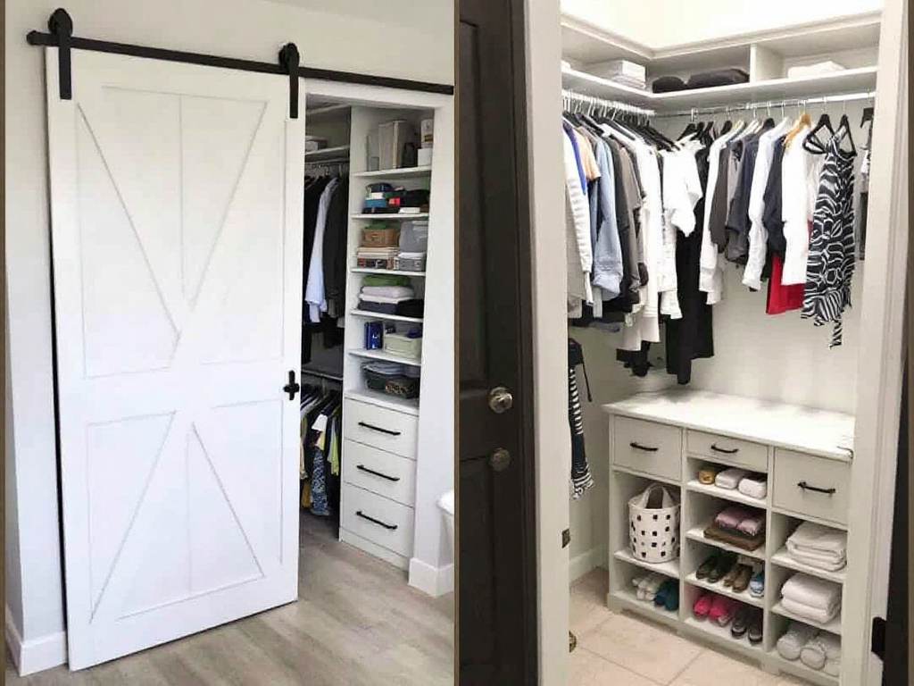 A newly transformed custom closet with walk-in feature and stylish barn door enhancing the efficiency of the space.