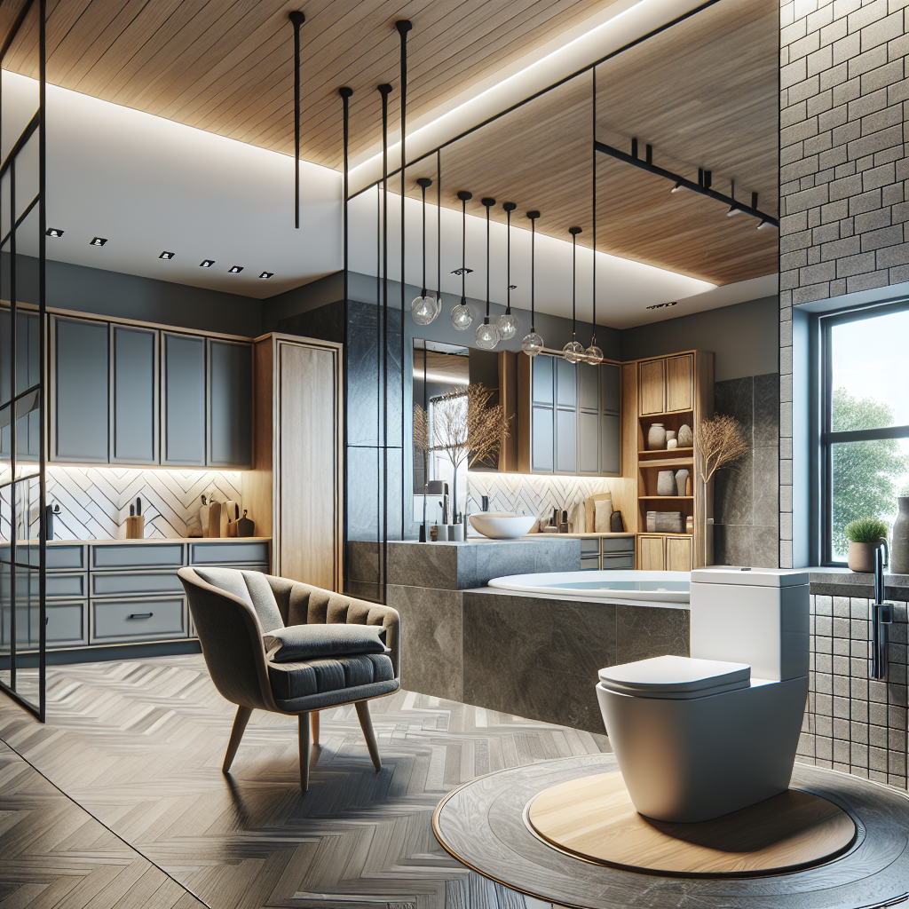 Interior designers drafting a blueprint for a luxury bathroom and kitchen.