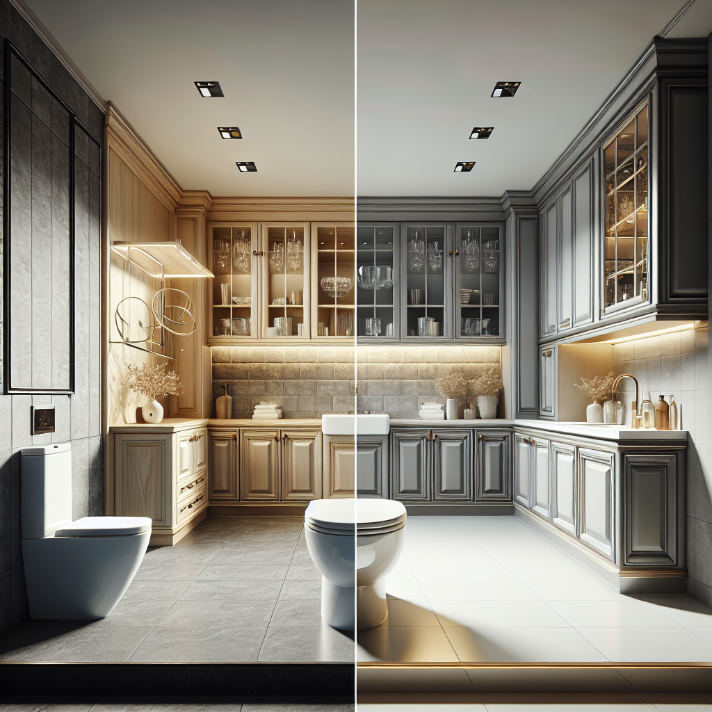 Alt Text: Interior view of a modern themed bathroom and kitchen designed by professional designers, showcasing their unleashed creativity.