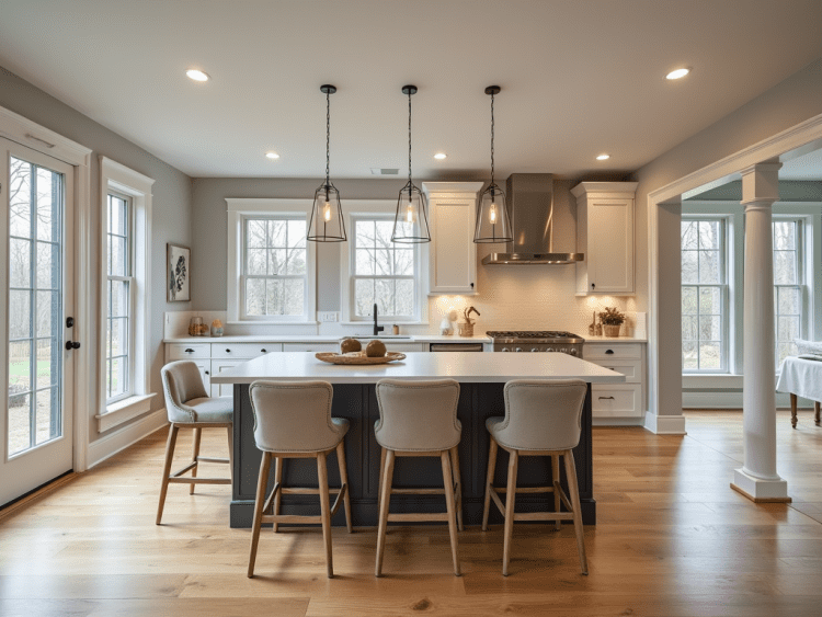 Stylish and functional interior renovation near Billerica, MA, featuring hardwood floors, recessed lighting, a high-end kitchen, and contemporary furniture.