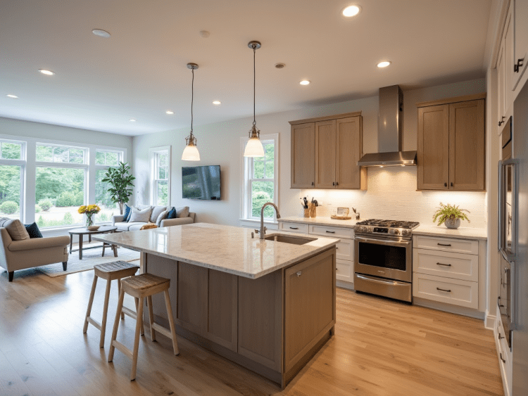 Luxurious interior renovation near Bedford, MA, featuring hardwood floors, recessed lighting, a high-end kitchen, and a cozy living area.