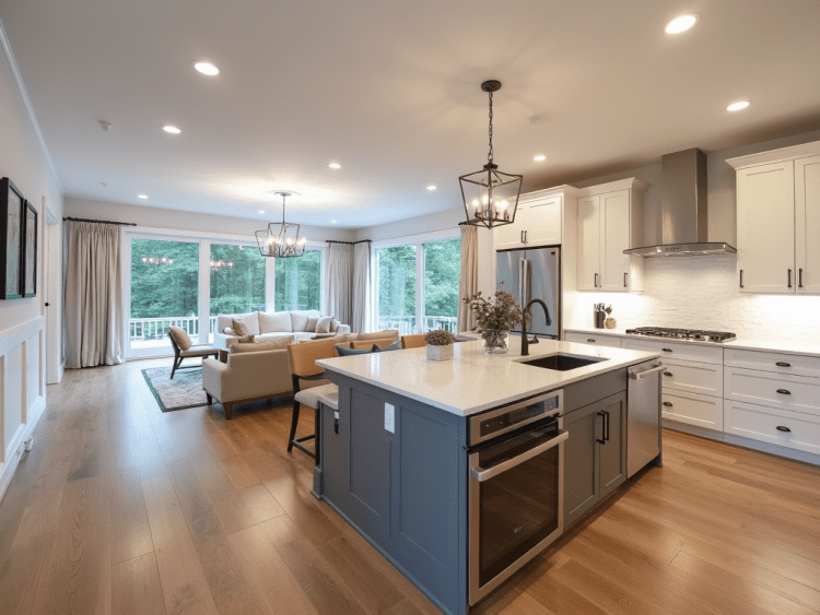 Stylish and luxurious interior renovation near Braintree, MA, showcasing hardwood floors, recessed lighting, a modern kitchen, and contemporary furniture.