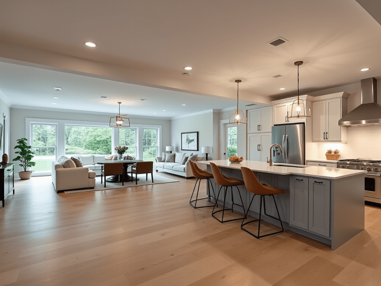 Modern interior renovation near Burlington, MA, featuring hardwood floors, recessed lighting, a high-end kitchen, and minimalist furniture.