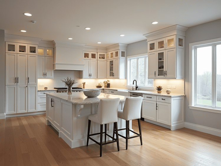 Elegant and modern home renovation near Weymouth, MA, showcasing hardwood floors, recessed lighting, a luxurious kitchen, and contemporary furniture.