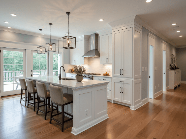 Modern interior renovation near Quincy, MA, showcasing hardwood floors, recessed lighting, a high-end kitchen, and contemporary furniture.