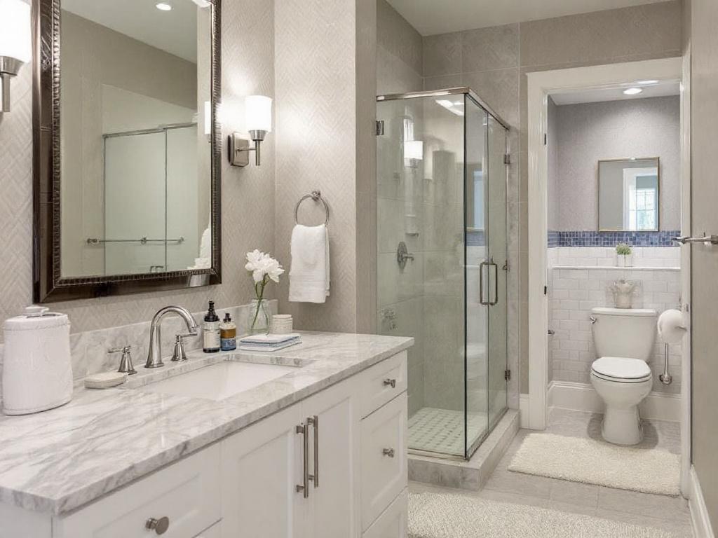 Skilled basement remodelers working on a luxurious bathroom remodel near Sharon.