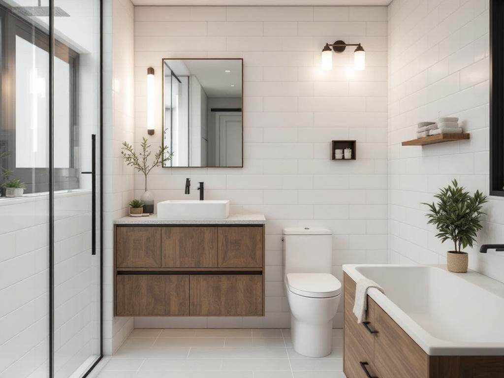 Five useful tips for efficiently utilizing space in a small bathroom renovation, using modern design concepts.