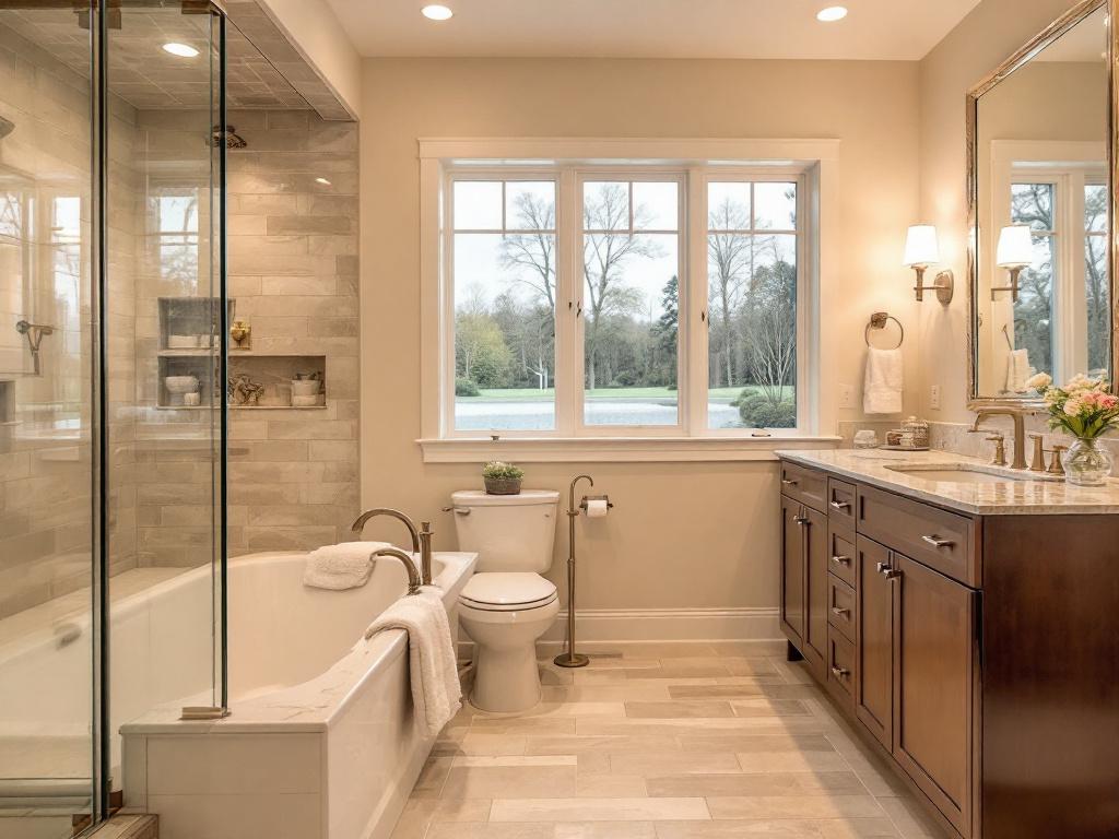 A meticulously designed luxury bathroom showcasing the modern and contemporary work of Bathroom Contractors Weston, Ma.