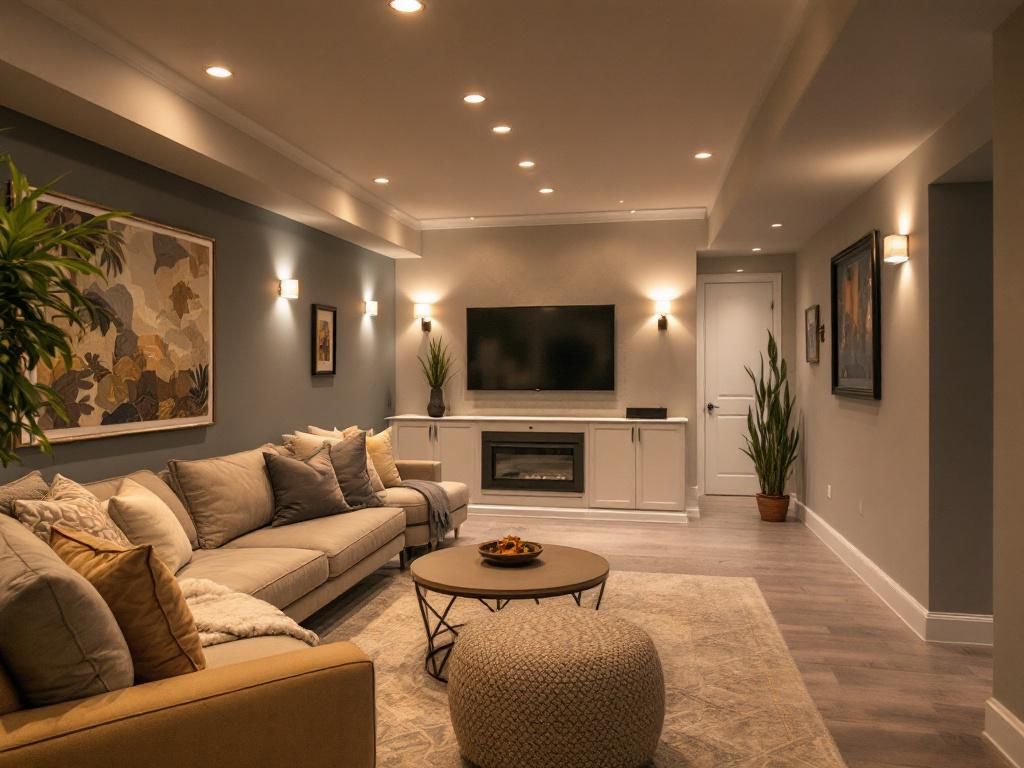 A modernly designed, newly finished basement offering a fresh and transformed living space.