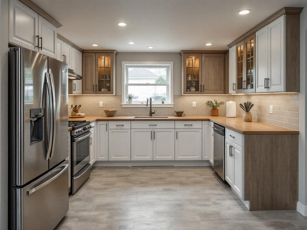 An image showing a transformed, stylish kitchen that was originally a basement.