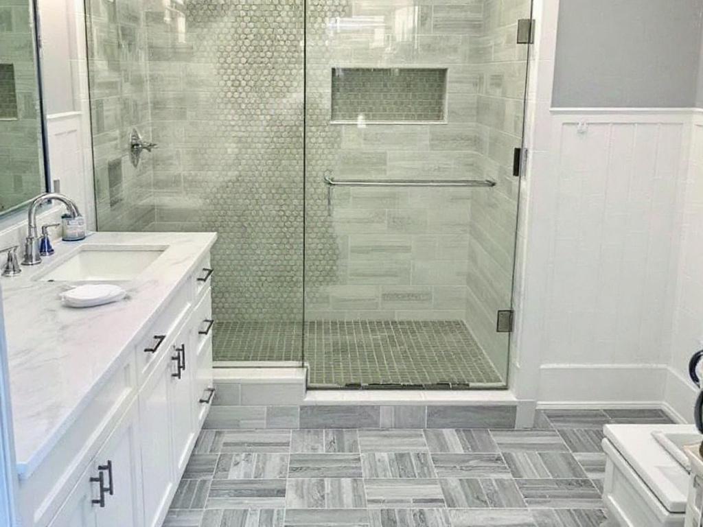 Tile flooring installers working on a contemporary flooring design in Winchester, MA.