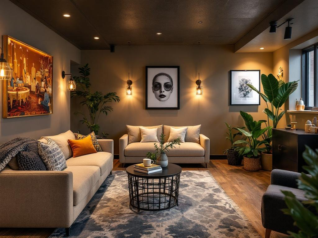 Illustration showcasing unique and creative basement refurbishing ideas, focusing on modern design aesthetics.