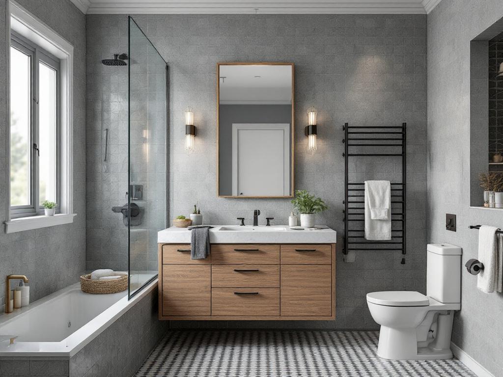 A modern, contemporary styled bathroom featuring powerful use of tiles and paint in its remodeling.