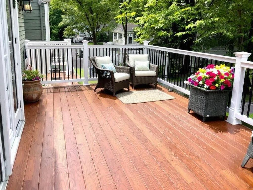 Alt Text: Reliable deck construction contractors in Newton, MA closely inspecting outdoor living space for quality assurance.