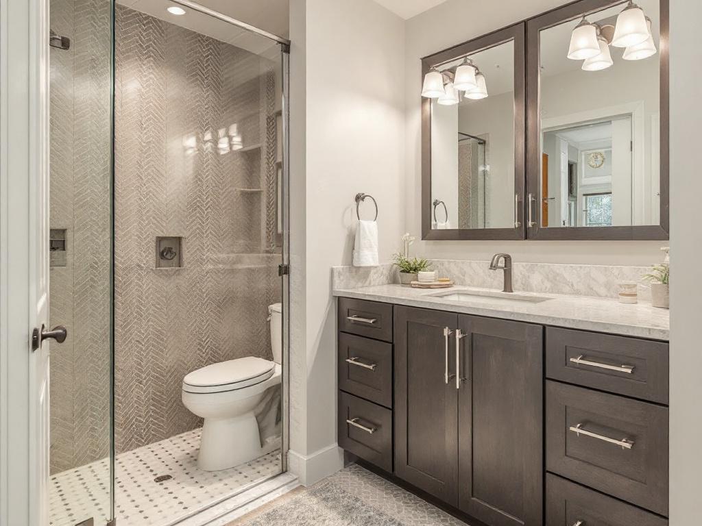 Shiny modern bathroom with contemporary design in Winchester MA, created by our top-tier service.