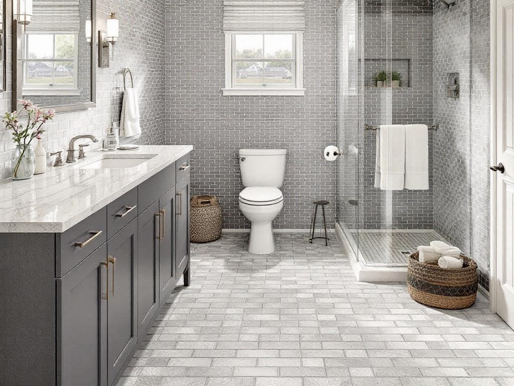 Skilled craftsmen installing high-quality, modern tile flooring in a Winchester, MA bathroom remodel project.