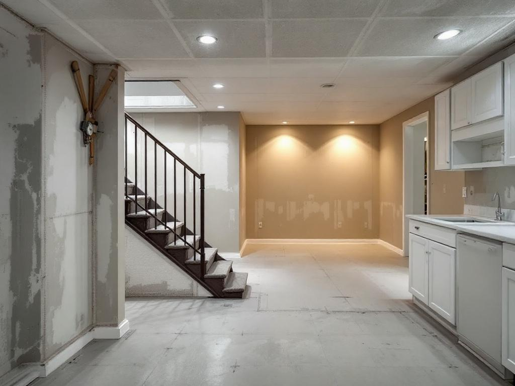 Picture showcasing the transformation of a basement space with modern drywalling design.