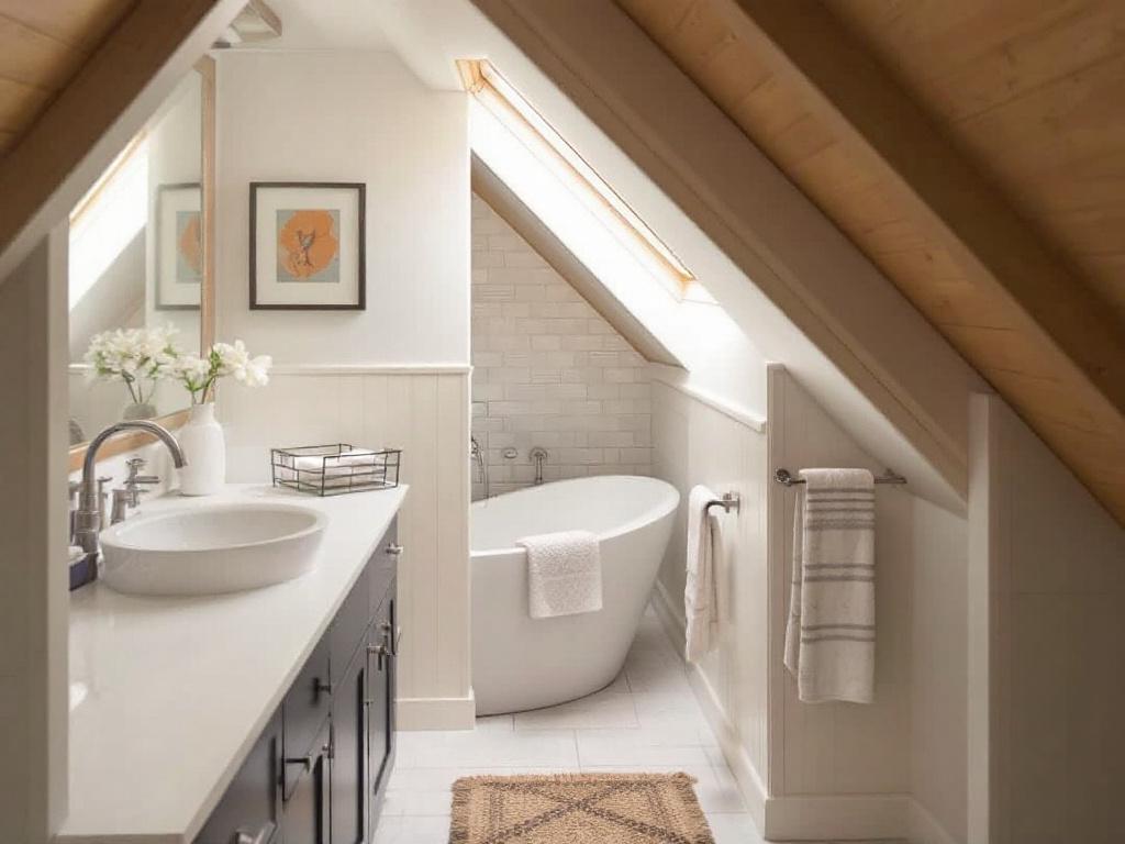 Alternative text: Specially-designed dream attic bathroom in Medford, MA fitted with modern amenities.