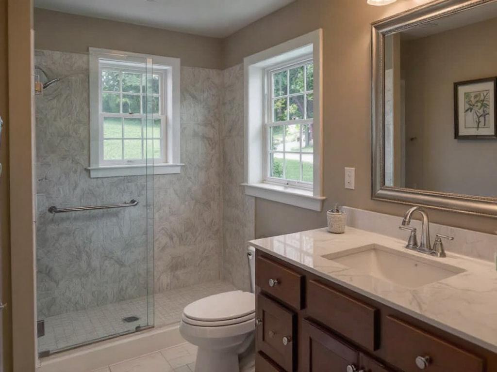 Modernly-finished basement with a spectacular bathroom remodel located near Stoneham.