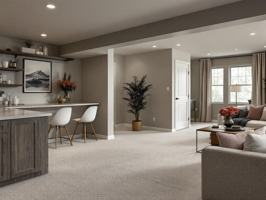 Image showing a chic and contemporary designed basement finished by a professional company, illustrating the potential of living spaces.